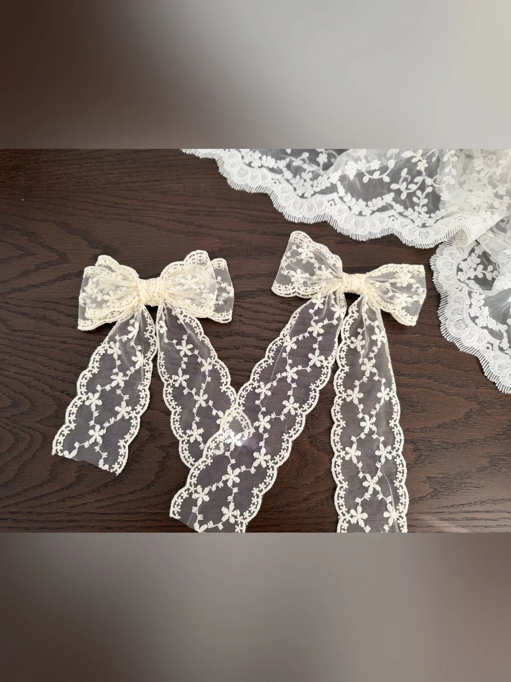 Handmade New Ivory Embroidered tulle Lace Bow Hair Clips